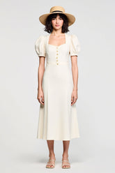 Elfenbein A Linie Midi Hochzeitsgastkleid mit Puffärmeln